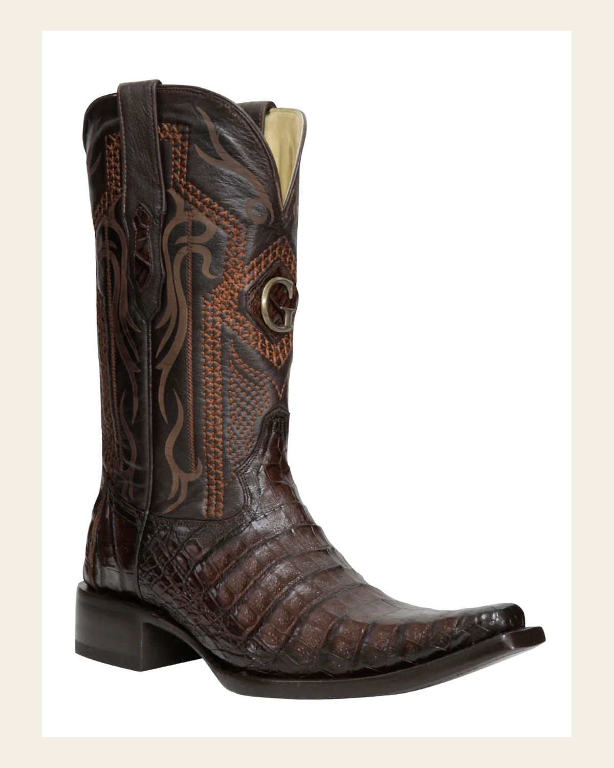 El General Men's Exotic Caiman Belly Cowboy Boots - Brown 45079 on a warm cream background