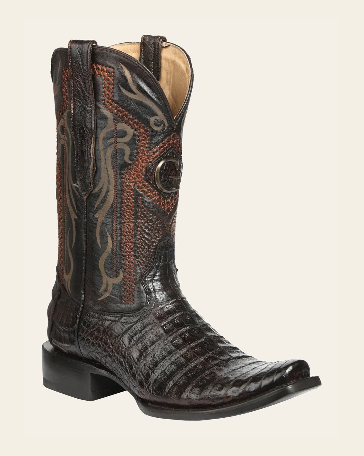 El General Men's Exotic Caiman Belly Cowboy Boots - Brown 45519 on a warm cream background