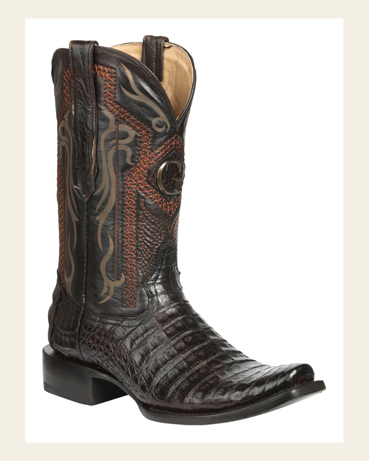 El General Men's Exotic Caiman Belly Cowboy Boots - Brown 45519 on a warm cream background