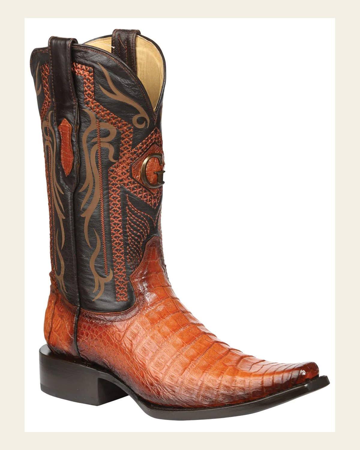 El General Men's Exotic Caiman Belly Cowboy Boots - Cognac 45080 on a warm cream background