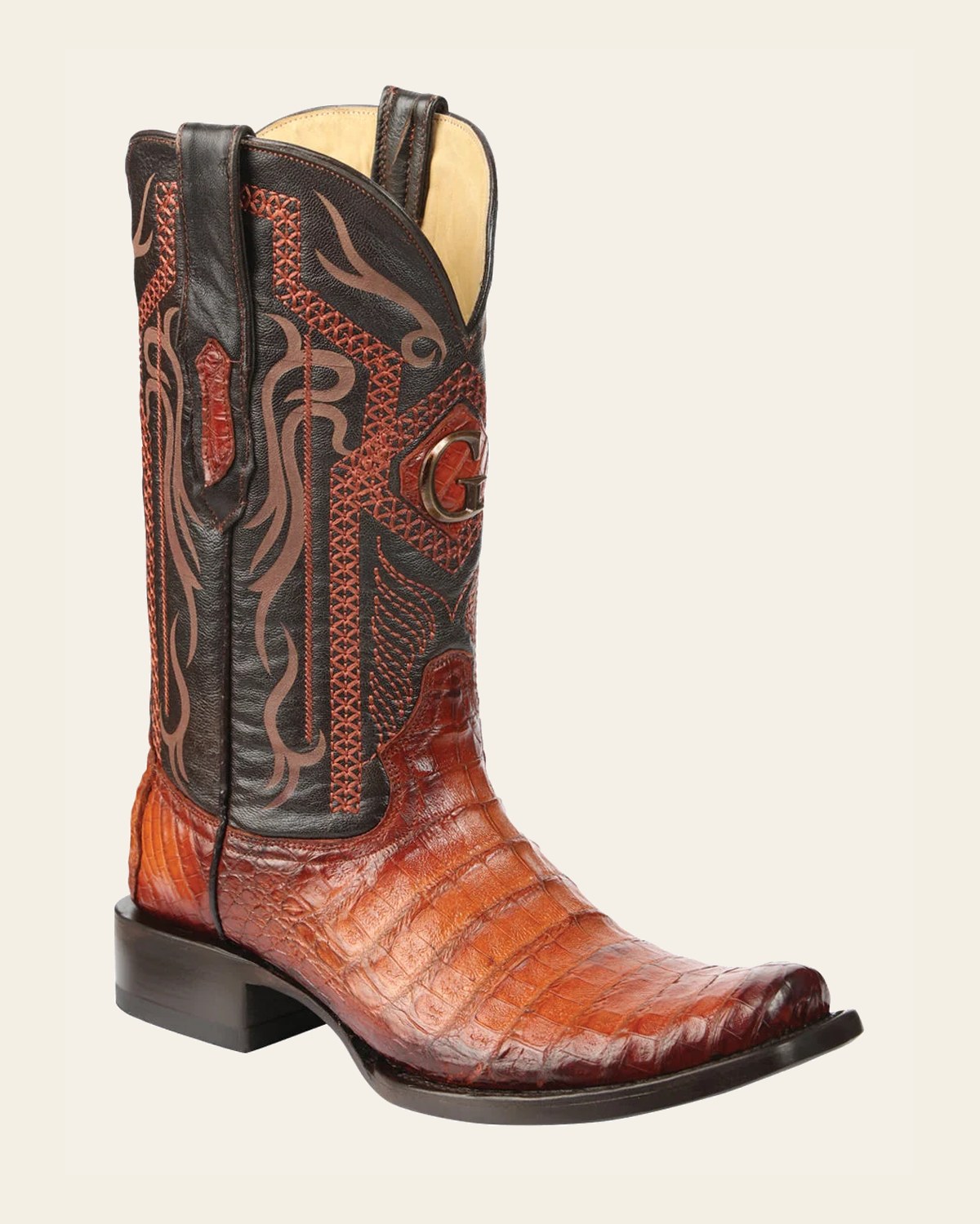 El General Men's Exotic Caiman Belly Cowboy Boots - Cognac 45520 on a warm cream background