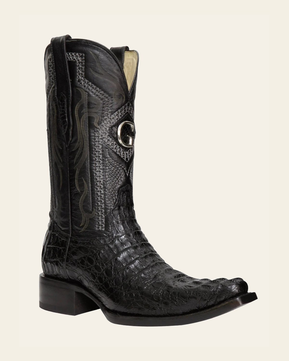 El General Men's Exotic Hornback Caiman Cowboy Boots - Black 45081 on a warm cream background