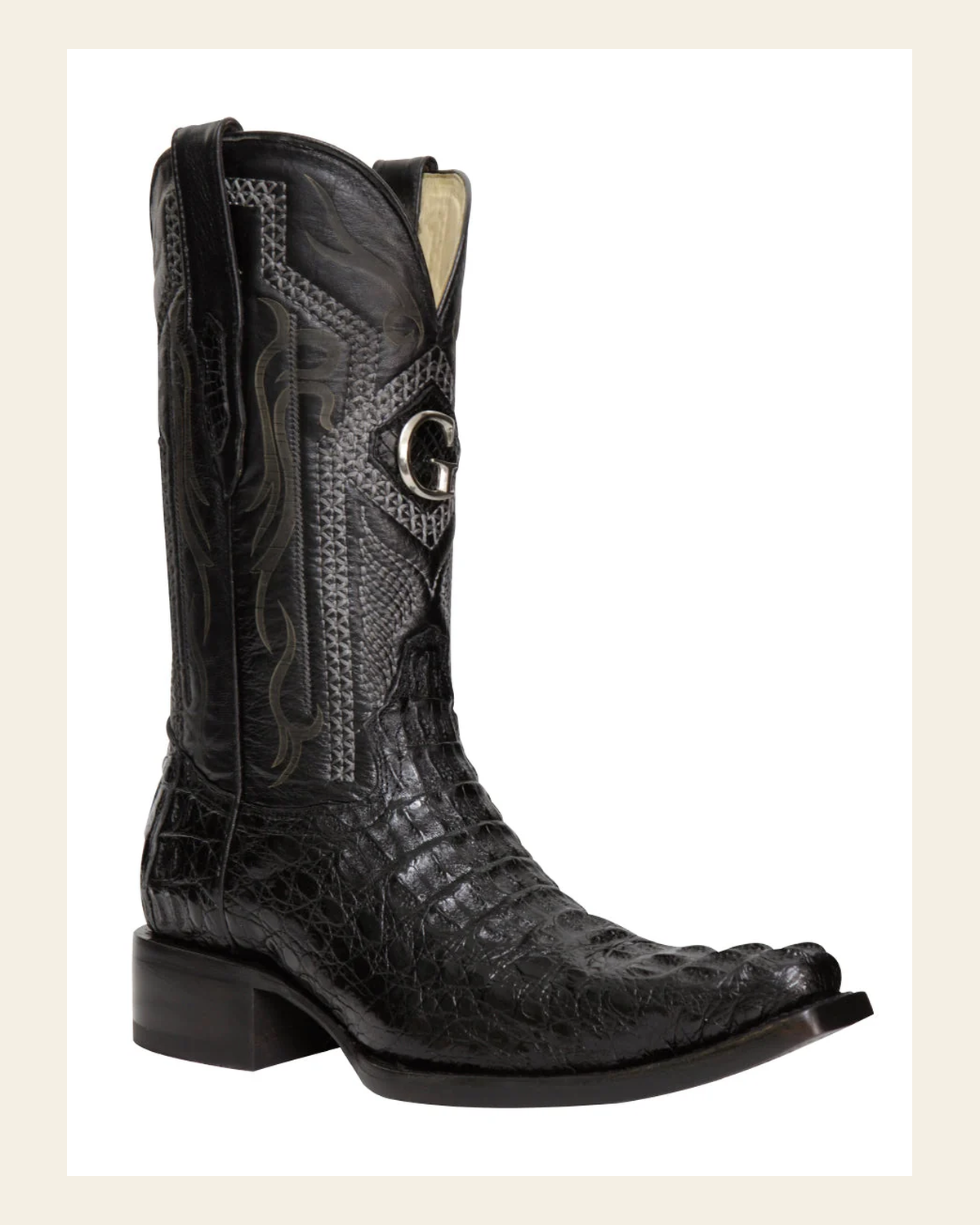 El General Men's Exotic Hornback Caiman Cowboy Boots - Black 45081 on a warm cream background
