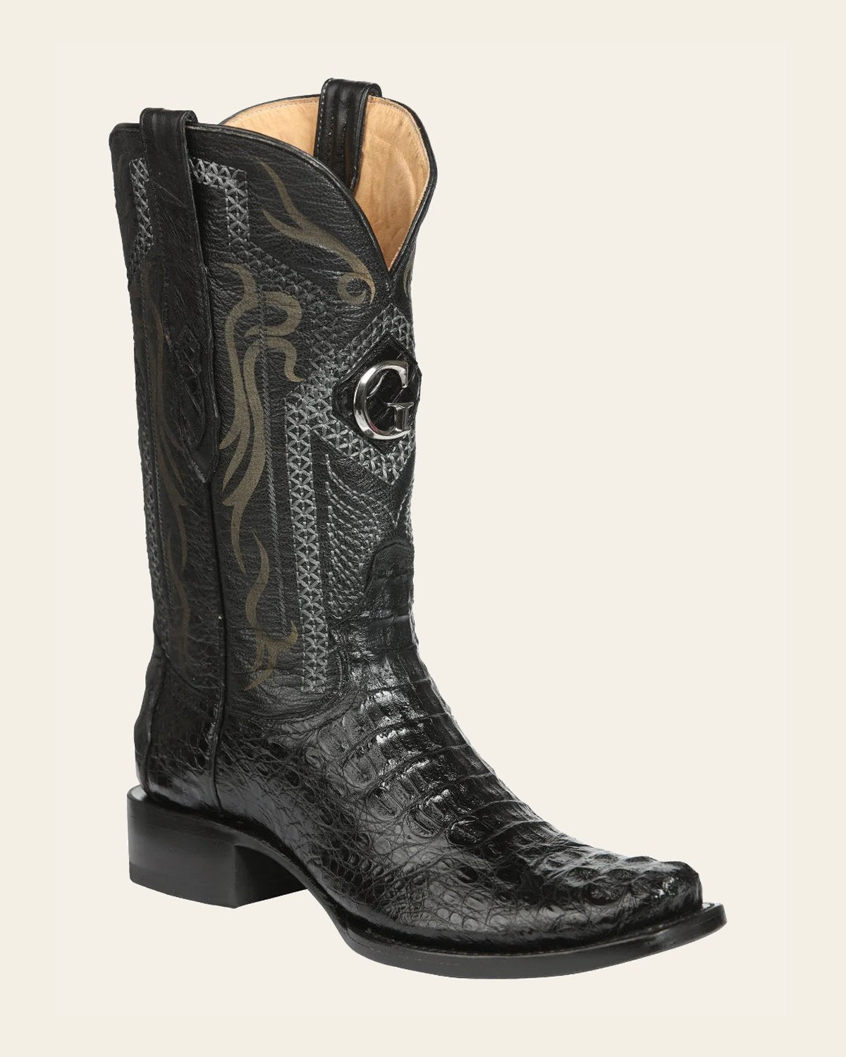 El General Men's Exotic Caiman Nuca Cowboy Boots - Black 45521 on a warm cream background