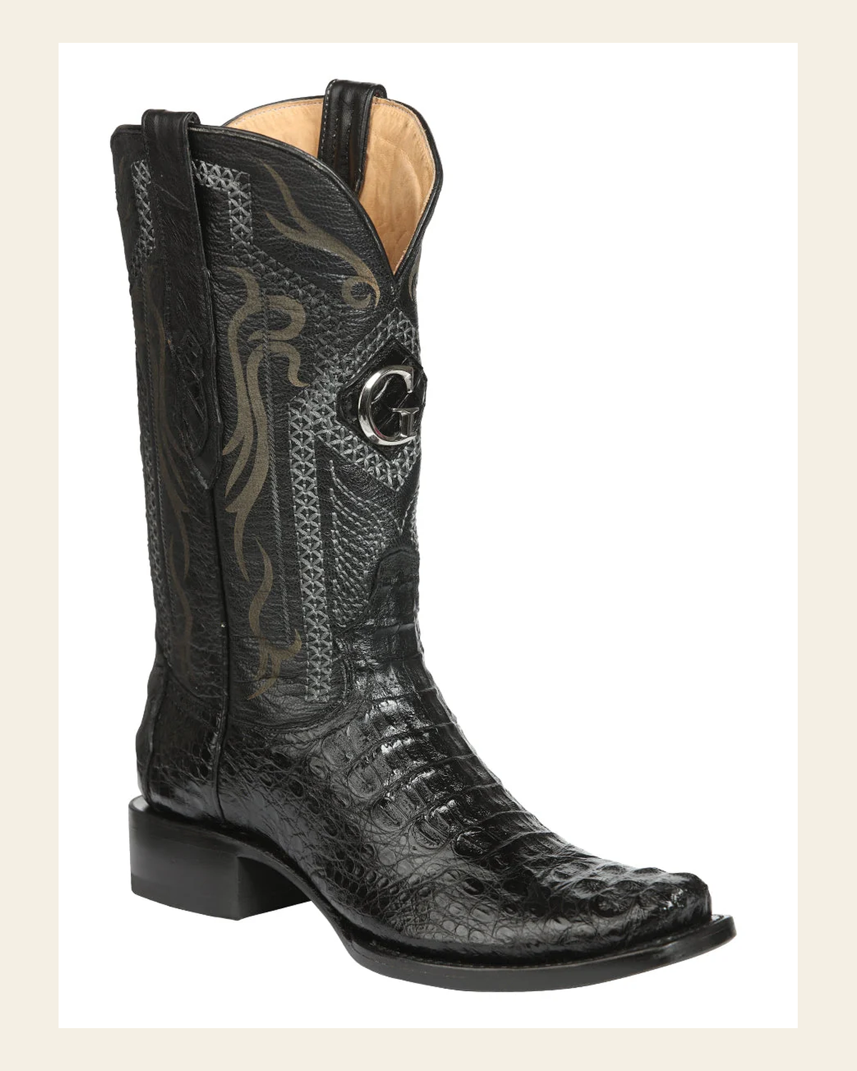 El General Men's Exotic Caiman Nuca Cowboy Boots - Black 45521 on a warm cream background