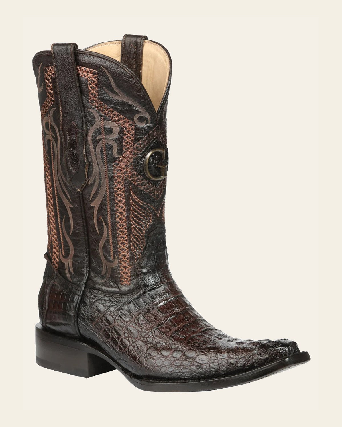 El General Men's Exotic Hornback Caiman Cowboy Boots - Brown 45082 on a warm cream background