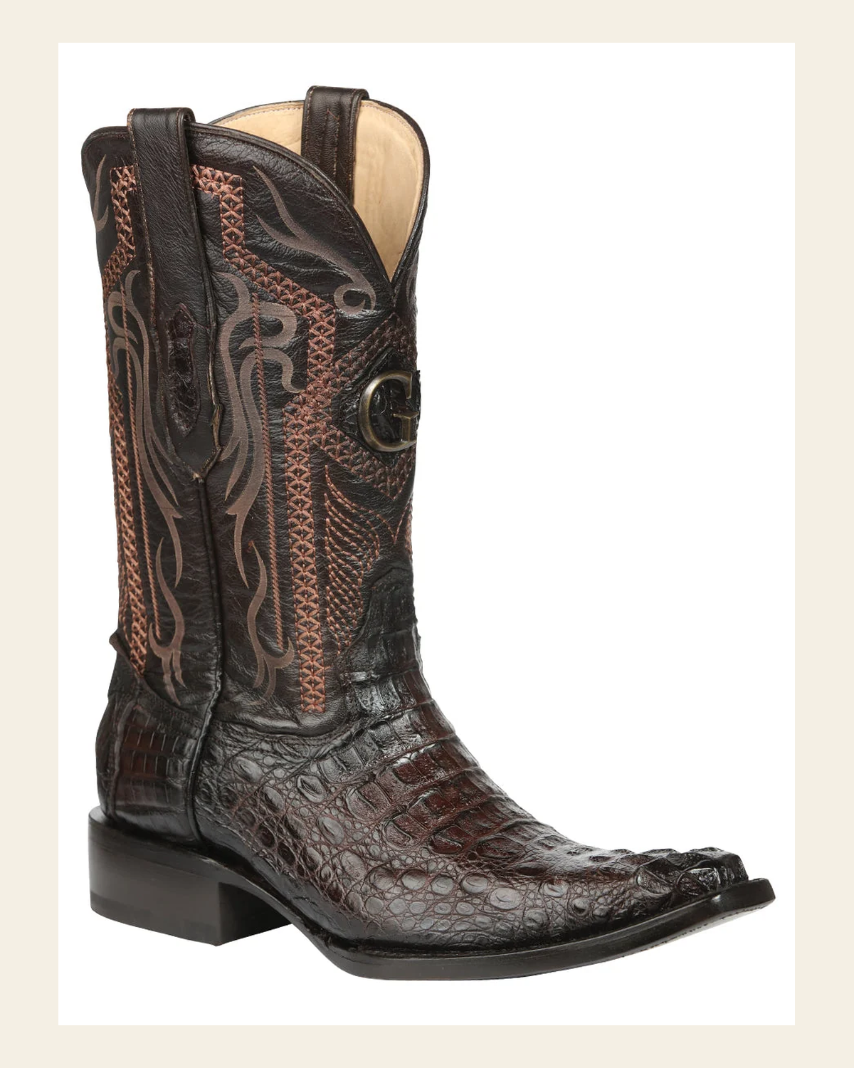 El General Men's Exotic Hornback Caiman Cowboy Boots - Brown 45082 on a warm cream background