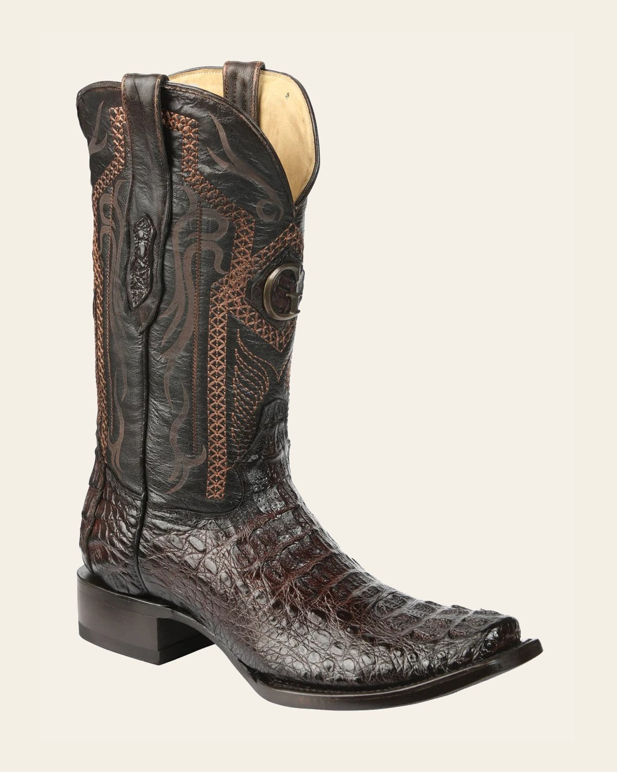 El General Men's Exotic Hornback Caiman Cowboy Boots - Brown 45522 on a warm cream background
