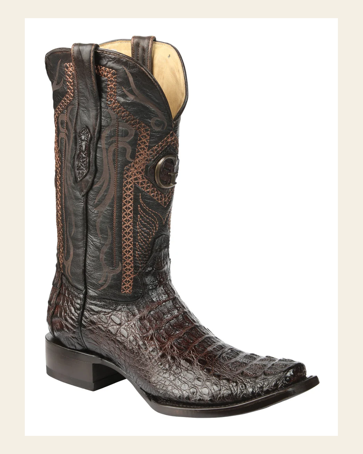 El General Men's Exotic Hornback Caiman Cowboy Boots - Brown 45522 on a warm cream background