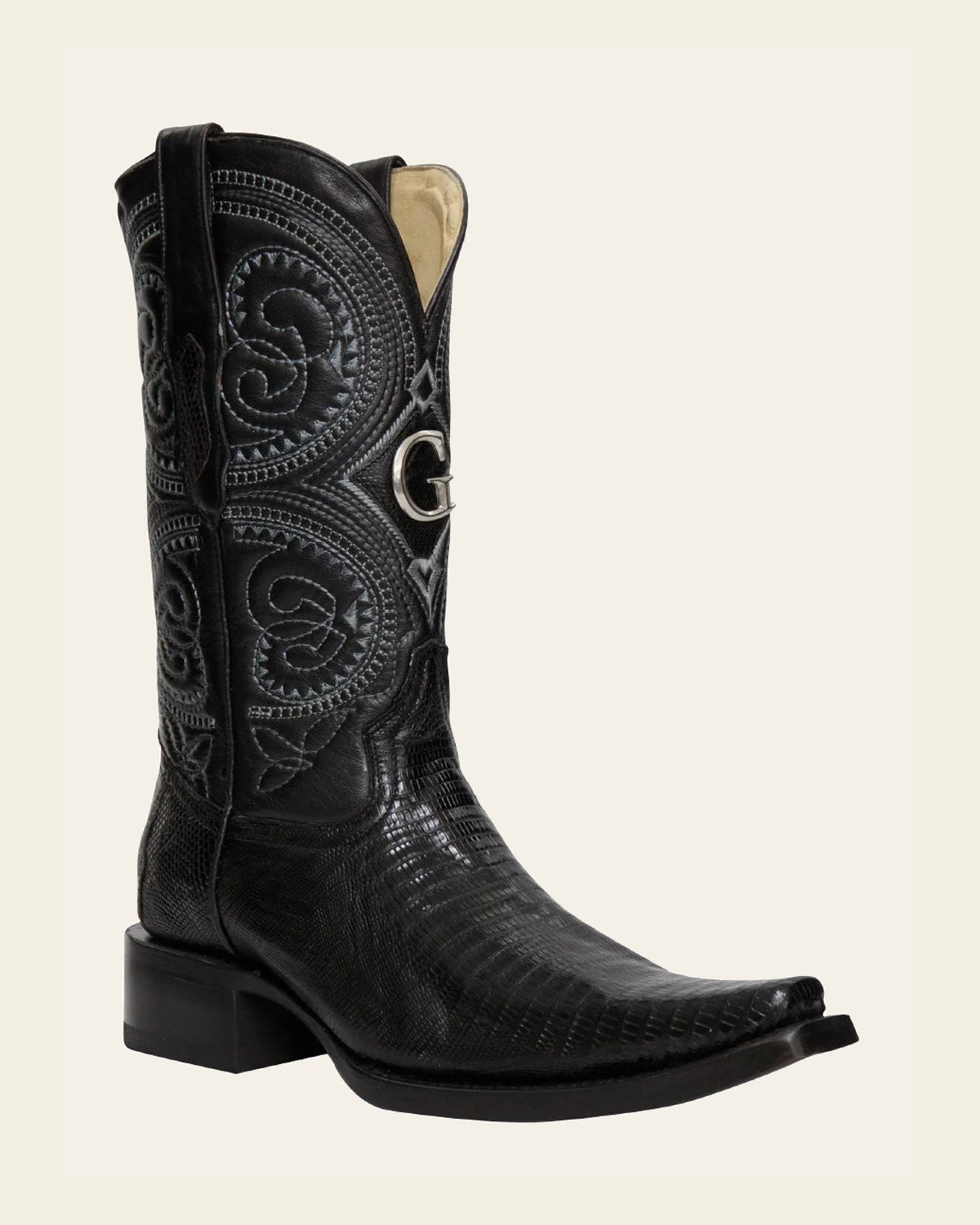 El General Men's Exotic Lizard Cowboy Boots - Black 45072 on a warm cream background
