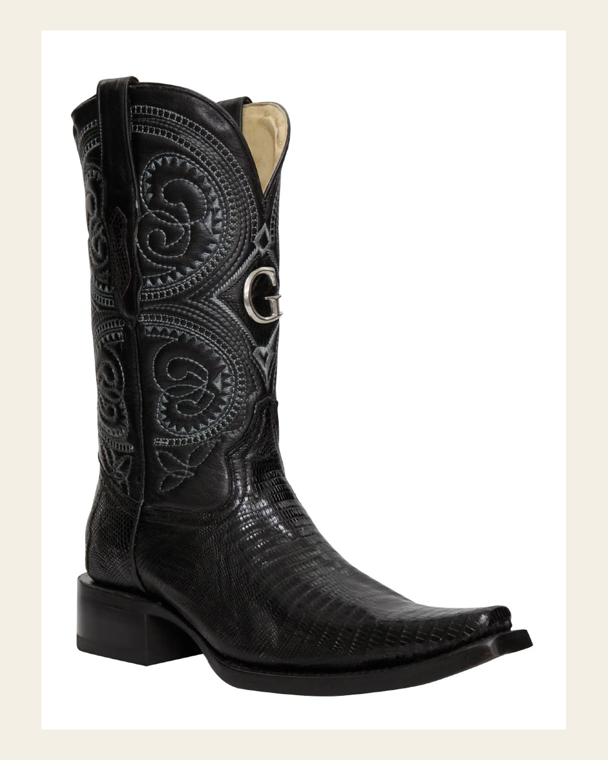 El General Men's Exotic Lizard Cowboy Boots - Black 45072 on a warm cream background