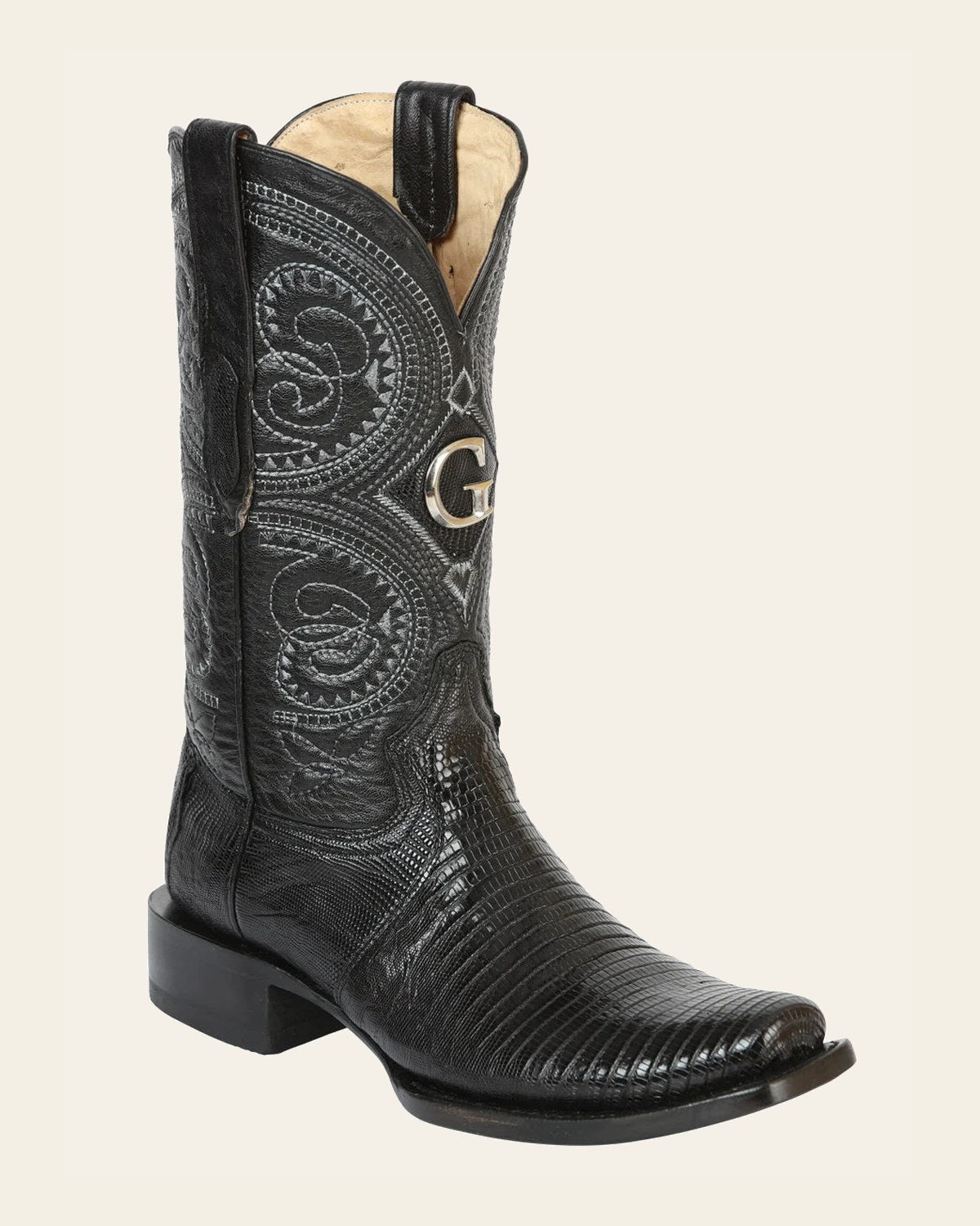 El General Men's Exotic Ring Lizard Cowboy Boots - Black 45512 on a warm cream background