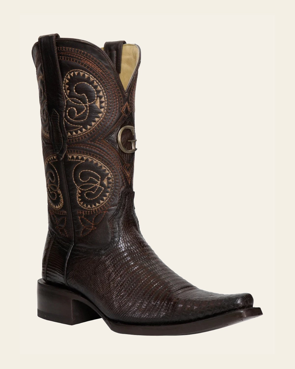 El General Men’s Exotic Lizard Cowboy Boots – Brown – Style 45073 on a warm cream background