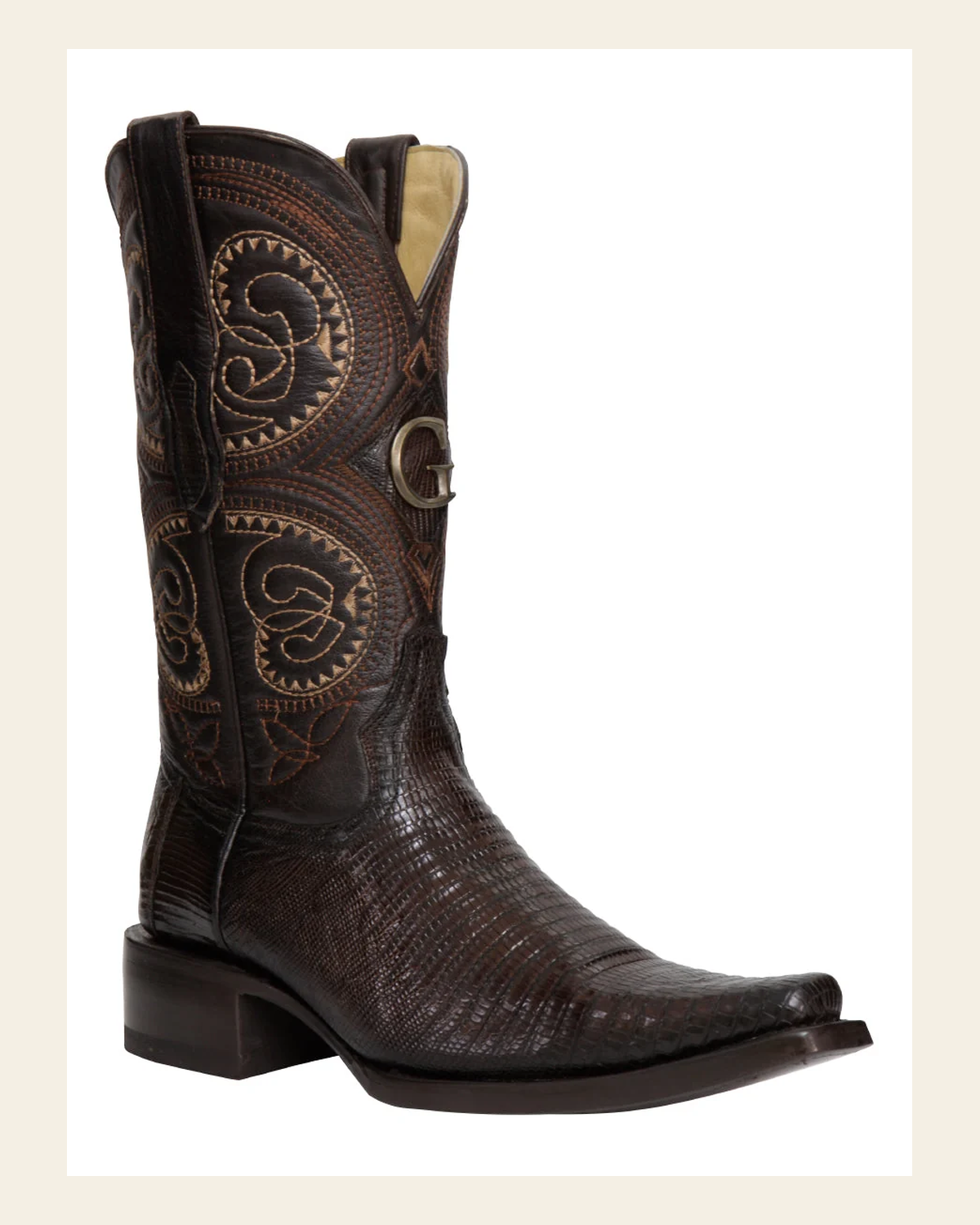 El General Men’s Exotic Lizard Cowboy Boots – Brown – Style 45073 on a warm cream background