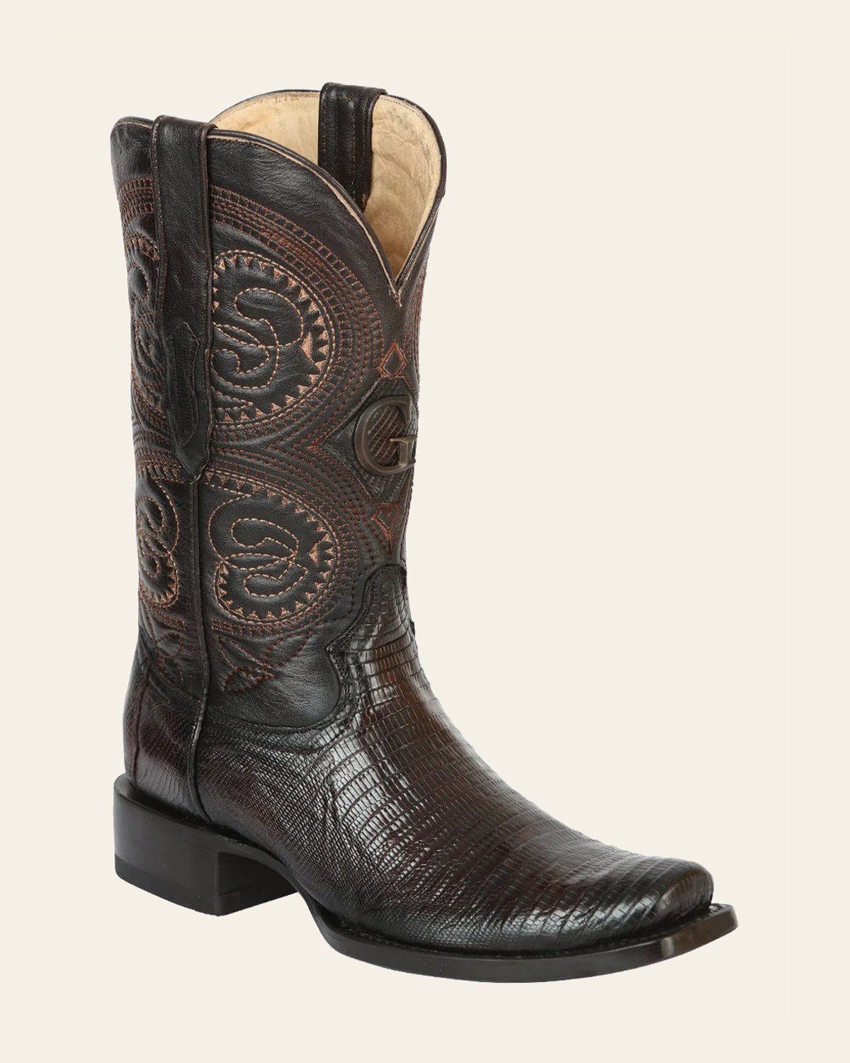 El General Men’s Exotic Lizard Cowboy Boots – Brown – Style 45513 on a warm cream background