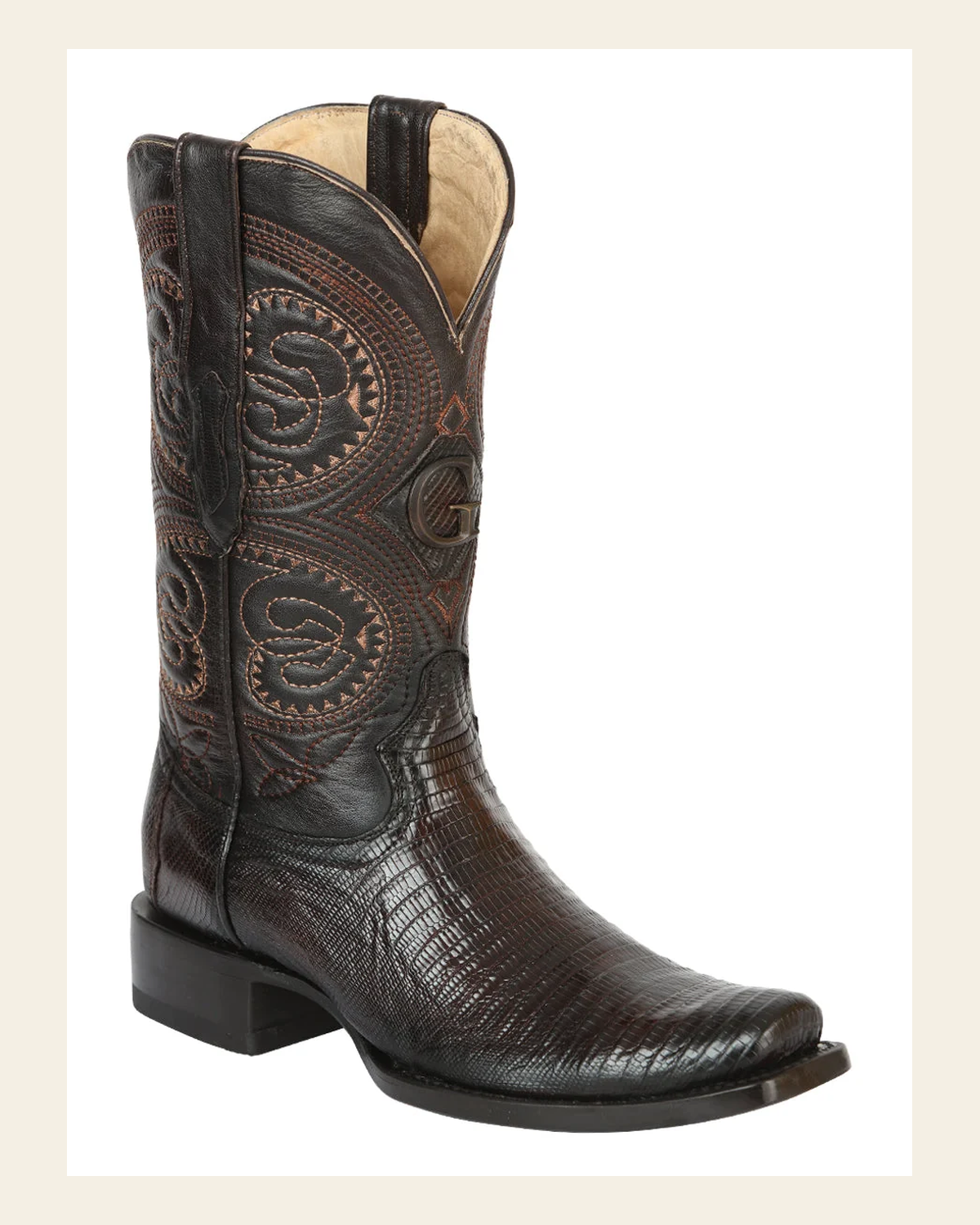 El General Men’s Exotic Lizard Cowboy Boots – Brown – Style 45513 on a warm cream background