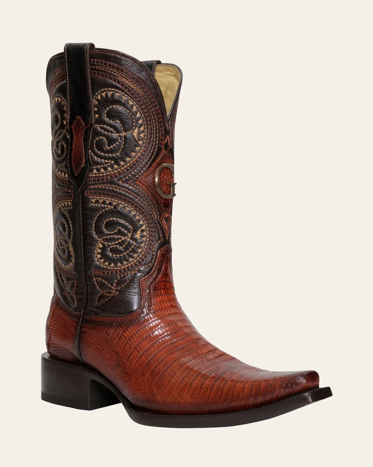 El General Men’s Exotic Lizard Cowboy Boots – Cognac – Style 45074 on a warm cream background