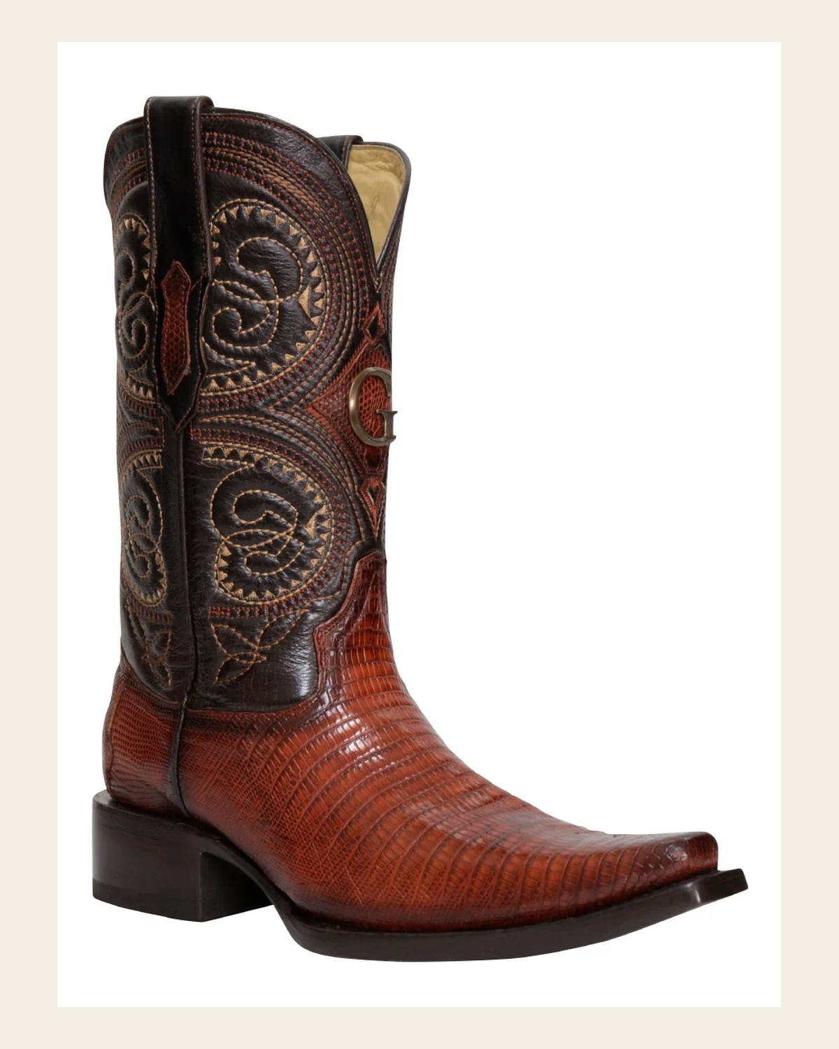 El General Men’s Exotic Lizard Cowboy Boots – Cognac – Style 45074 on a warm cream background
