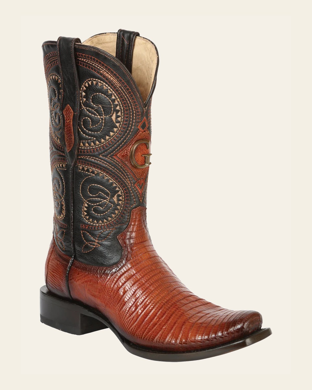 El General Men's Exotic Lizard Cowboy Boots - Cognac 45514 on a warm cream background