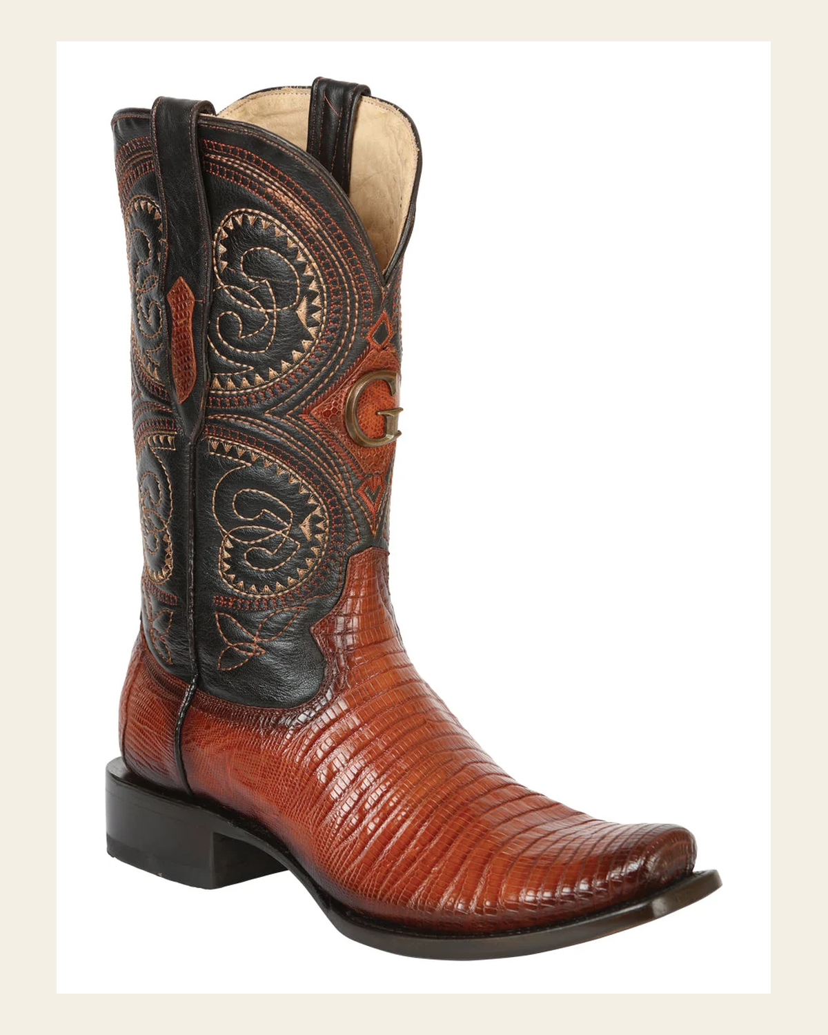 El General Men's Exotic Lizard Cowboy Boots - Cognac 45514 on a warm cream background