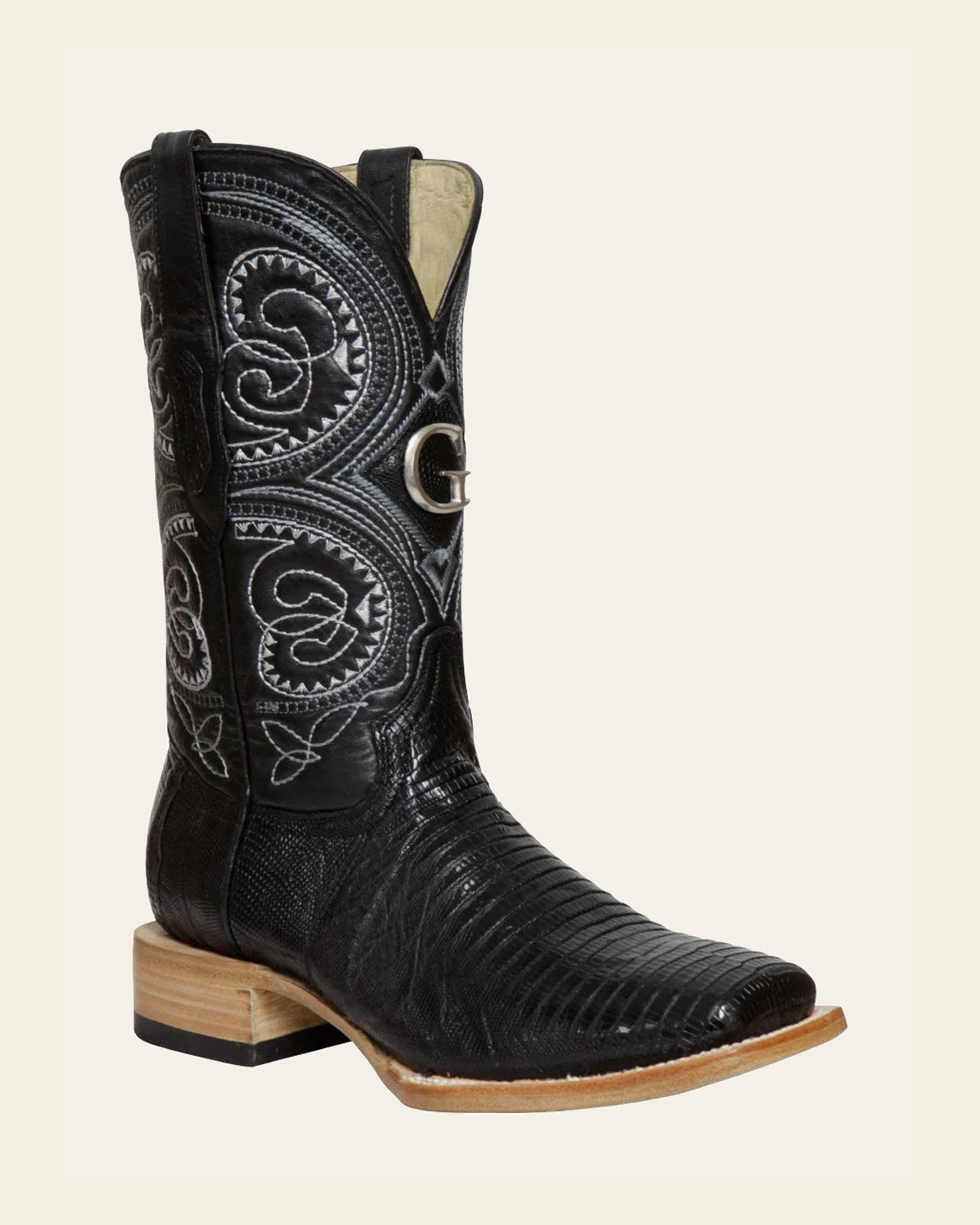 El General Men's Premium Exotic Lizard Cowboy Boots - Made in Mexico - Black 45069 on a warm cream background