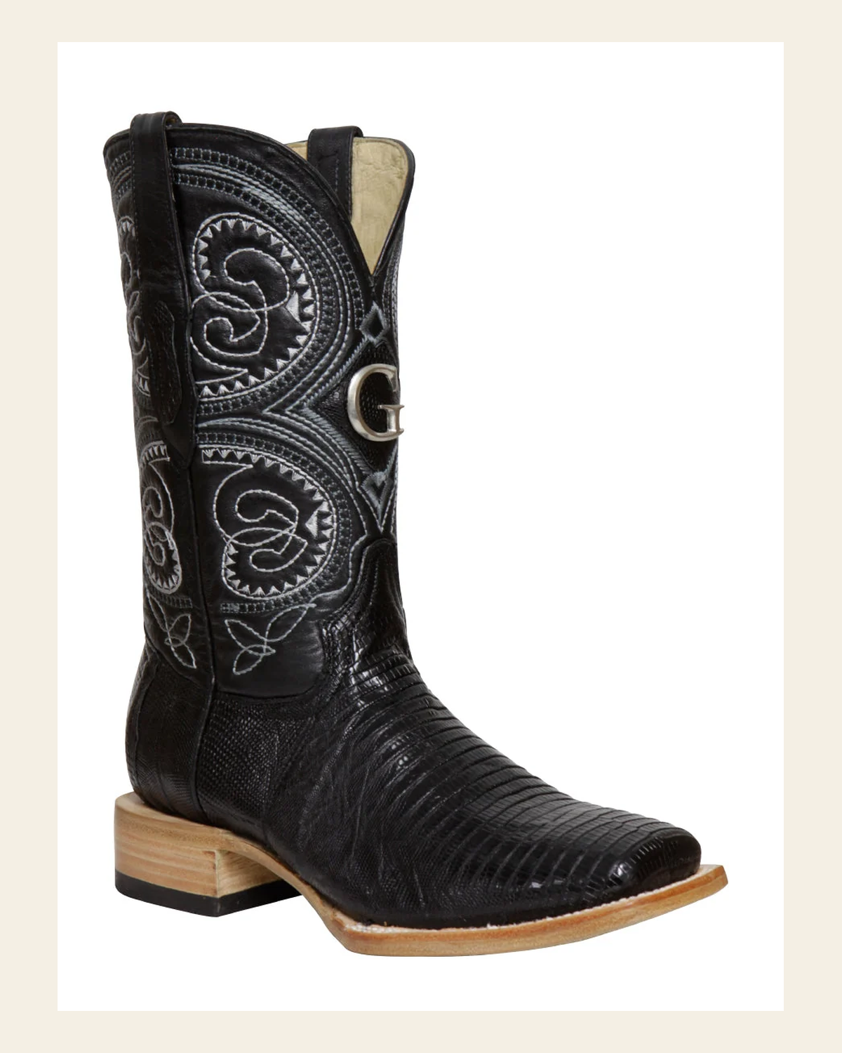 El General Men's Premium Exotic Lizard Cowboy Boots - Made in Mexico - Black 45069 on a warm cream background