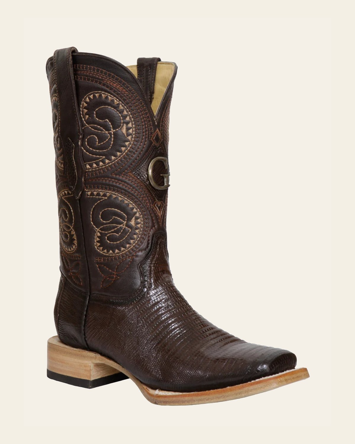 El General Men's Exotic Lizard Rodeo Cowboy Boots - Brown 45070 on a warm cream background