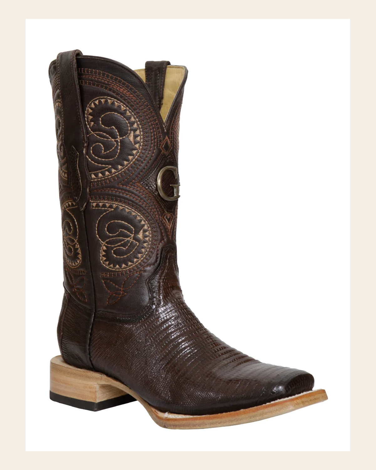 El General Men's Exotic Lizard Rodeo Cowboy Boots - Brown 45070 on a warm cream background