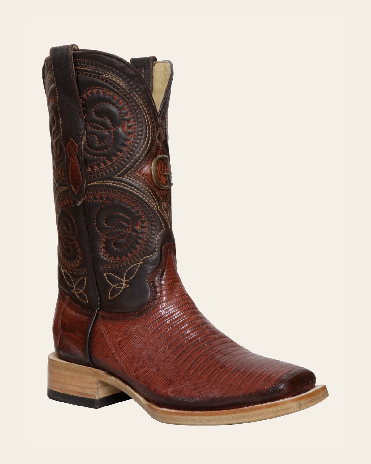 El General Men's Exotic Lizard Rodeo Cowboy Boots - Cognac 45071 on a warm cream background