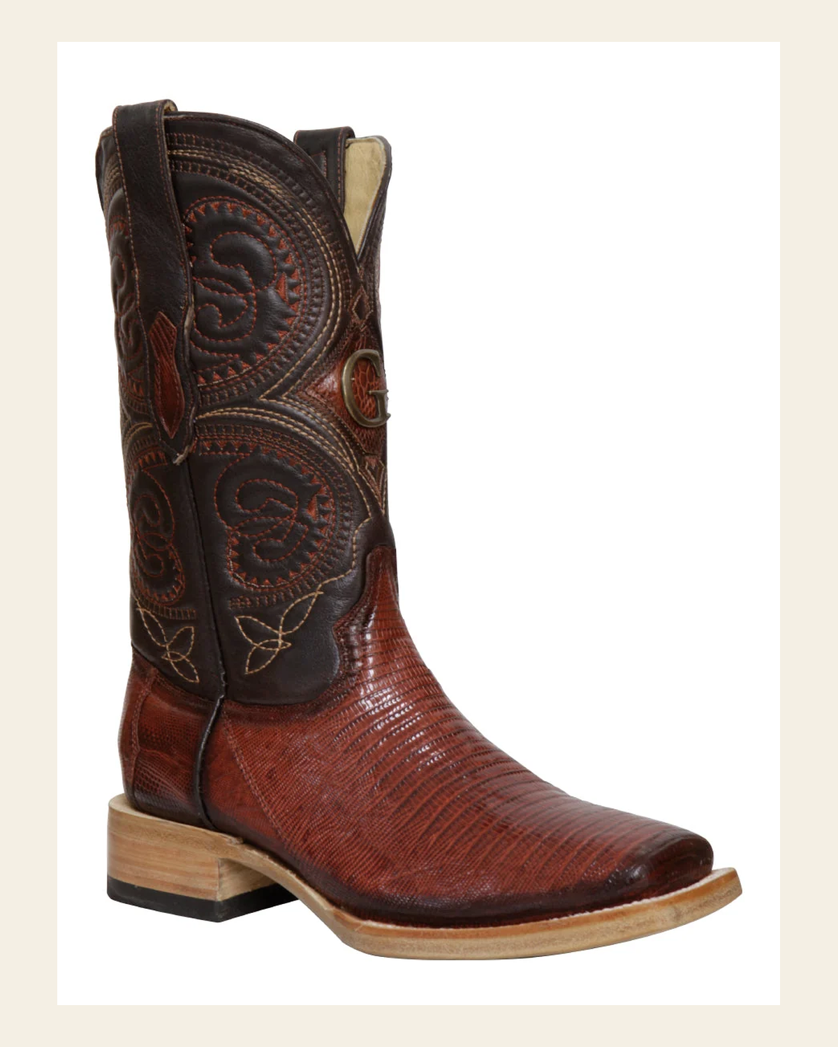 El General Men's Exotic Lizard Rodeo Cowboy Boots - Cognac 45071 on a warm cream background
