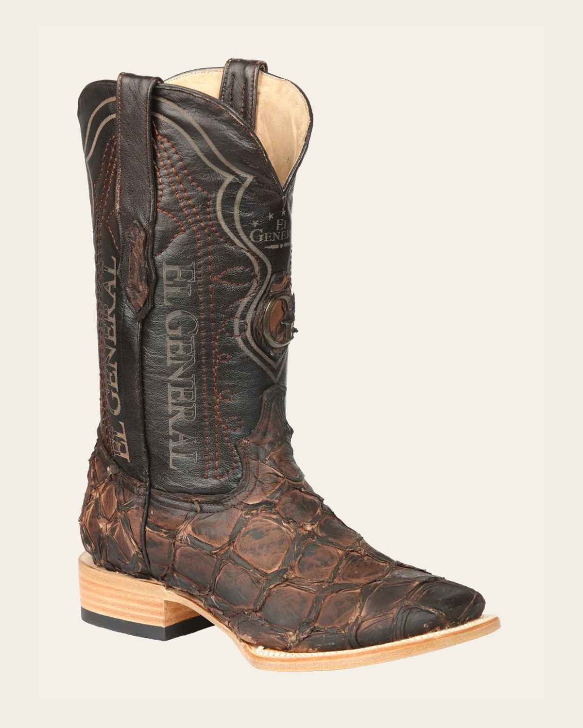 El General Men's Exotic Monster Fish Rodeo Cowboy Boots - Brown 45084 on a warm cream background