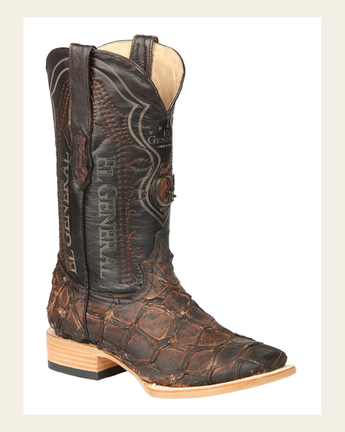 El General Men's Exotic Monster Fish Rodeo Cowboy Boots - Brown 45084 on a warm cream background