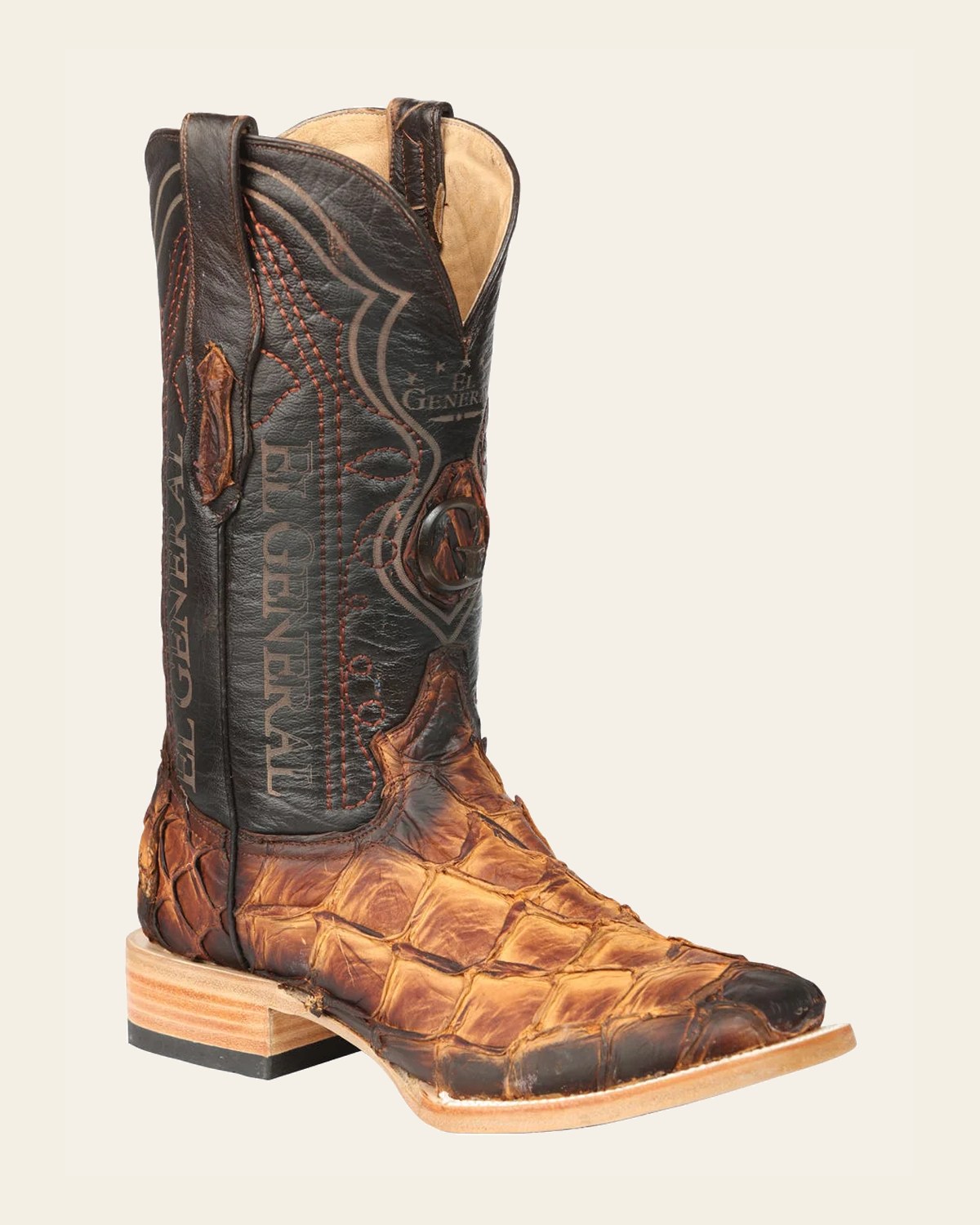 El General Men's Exotic Monster Fish Rodeo Cowboy Boots - Cognac 45085 on a warm cream background