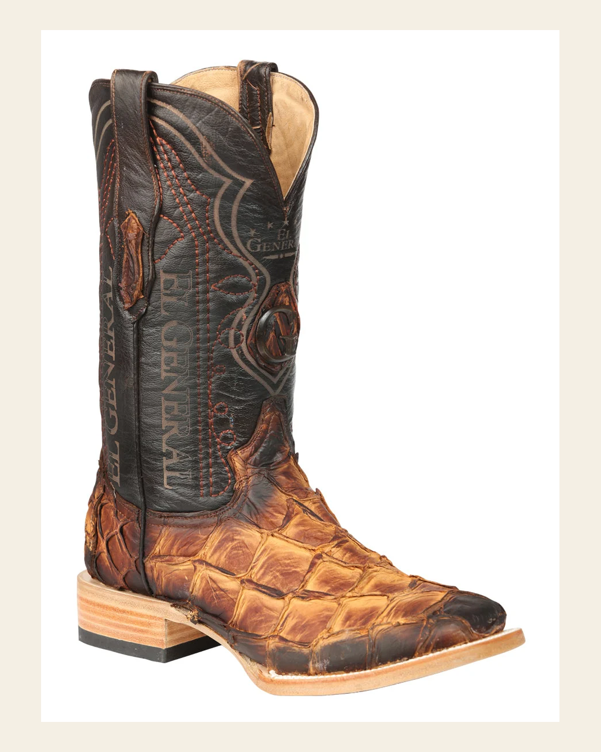 El General Men's Exotic Monster Fish Rodeo Cowboy Boots - Cognac 45085 on a warm cream background