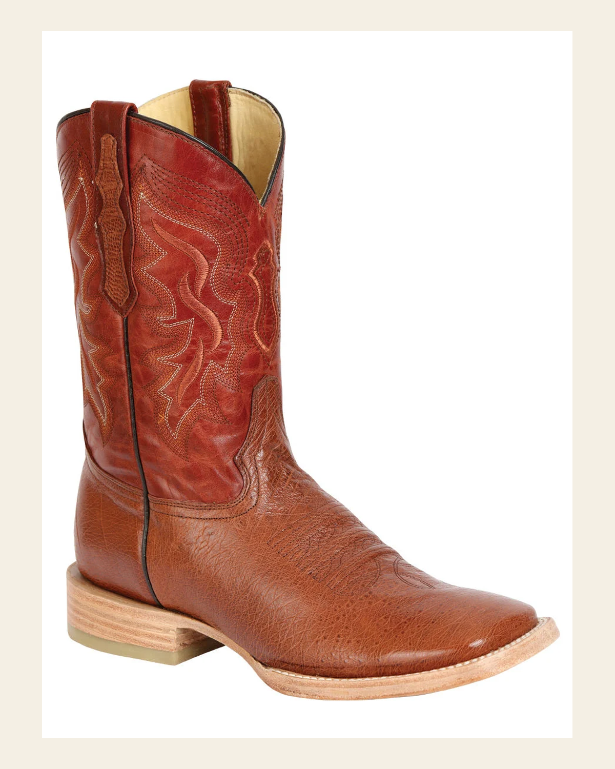 El General Men's Exotic Ostrich Belly Western Boots - Brandy 43517 on a warm cream background