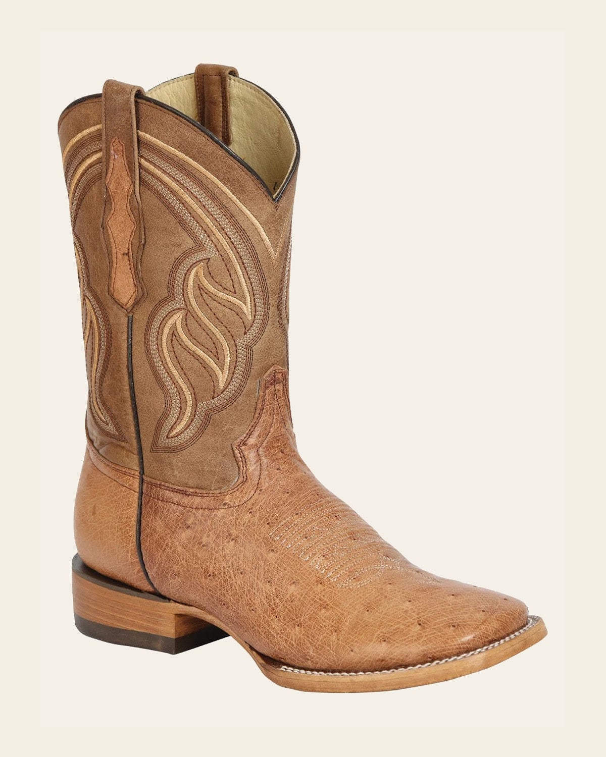 El General Men's Exotic Ostrich Belly Western Boots - Brandy Bruciato 43516 on a warm cream background