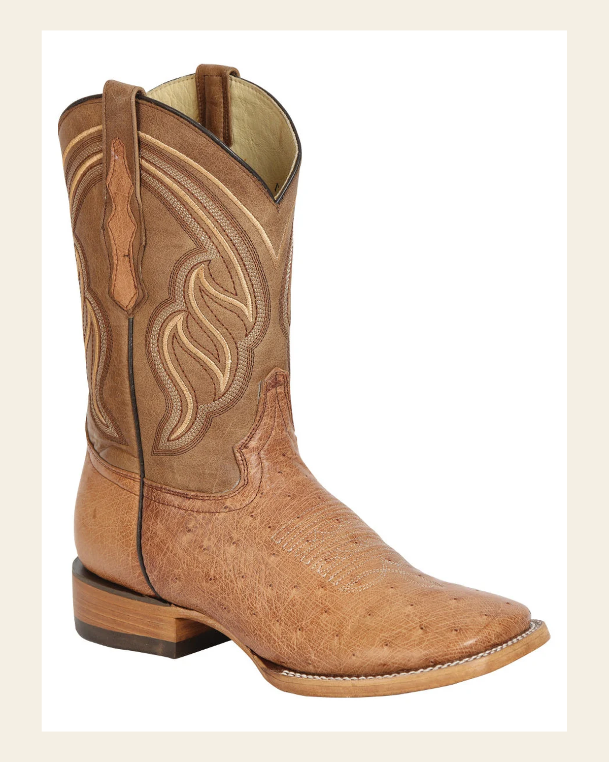 El General Men's Exotic Ostrich Belly Western Boots - Brandy Bruciato 43516 on a warm cream background