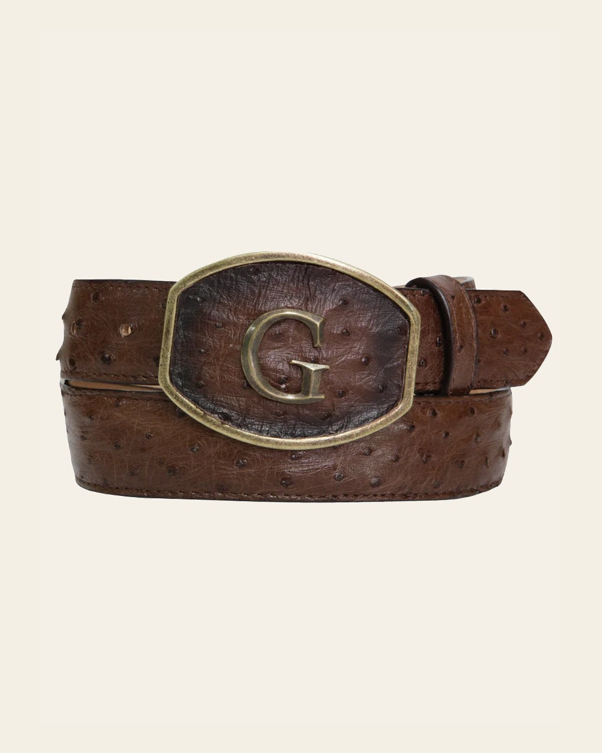 El General Men's Exotic Ostrich Leather Belt - Brown 45295 on a warm cream background