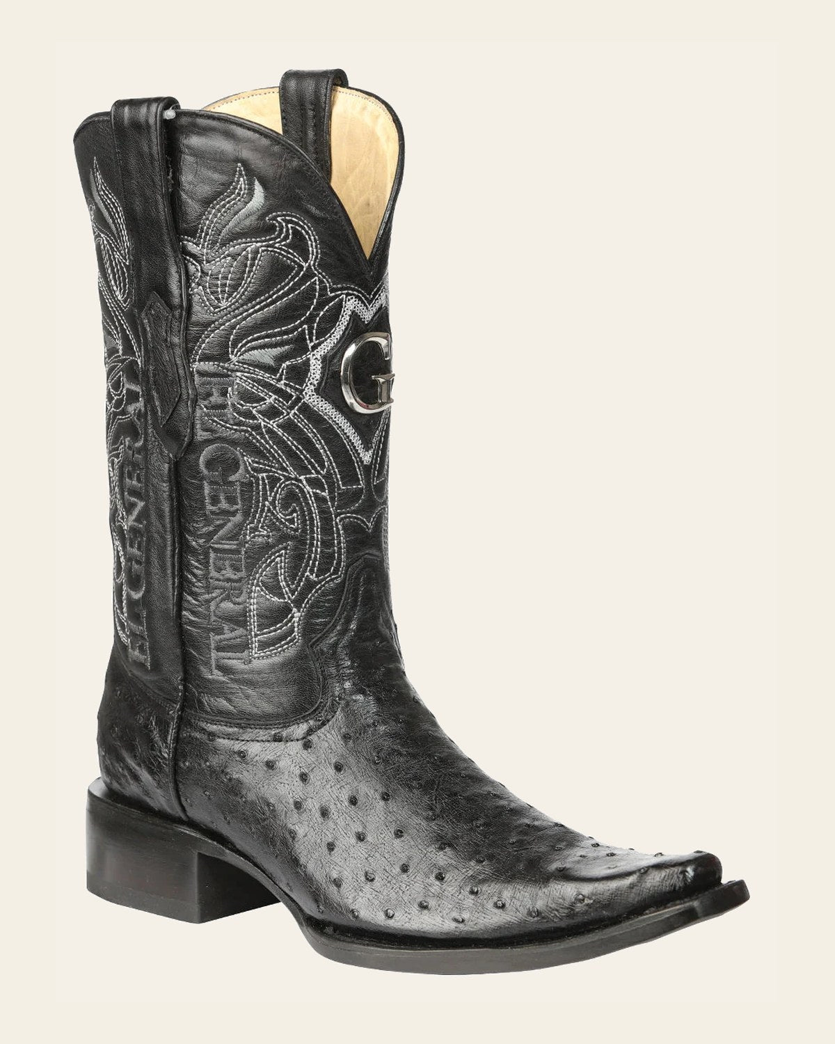El General Men's Exotic Ostrich Leather Cowboy Boots - Black 45075 on a warm cream background