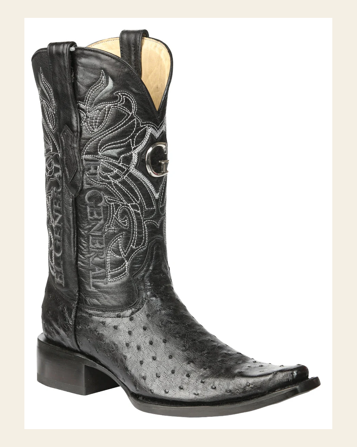 El General Men's Exotic Ostrich Leather Cowboy Boots - Black 45075 on a warm cream background