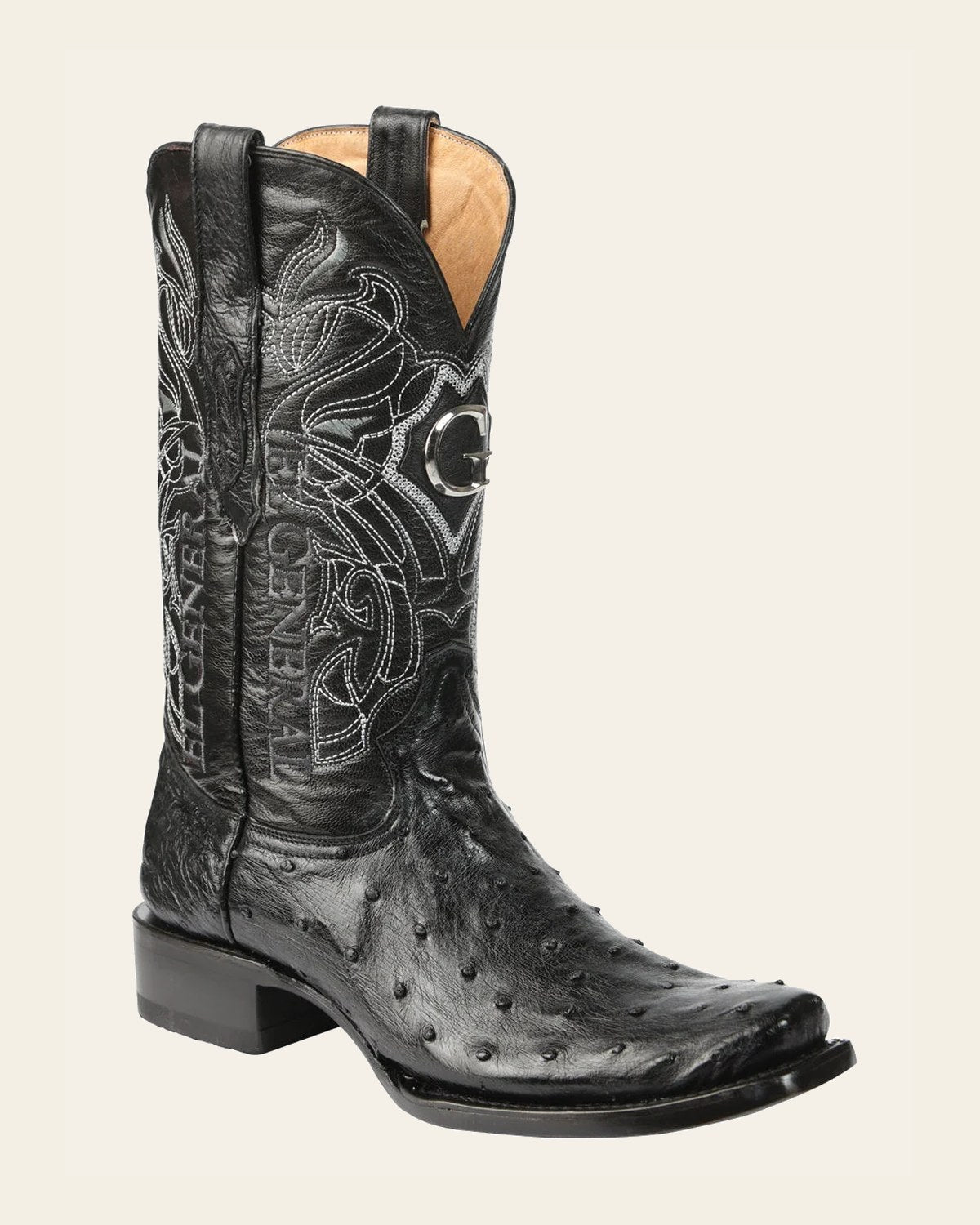 El General Men's Exotic Ostrich Leather Cowboy Boots - Black 45515 on a warm cream background