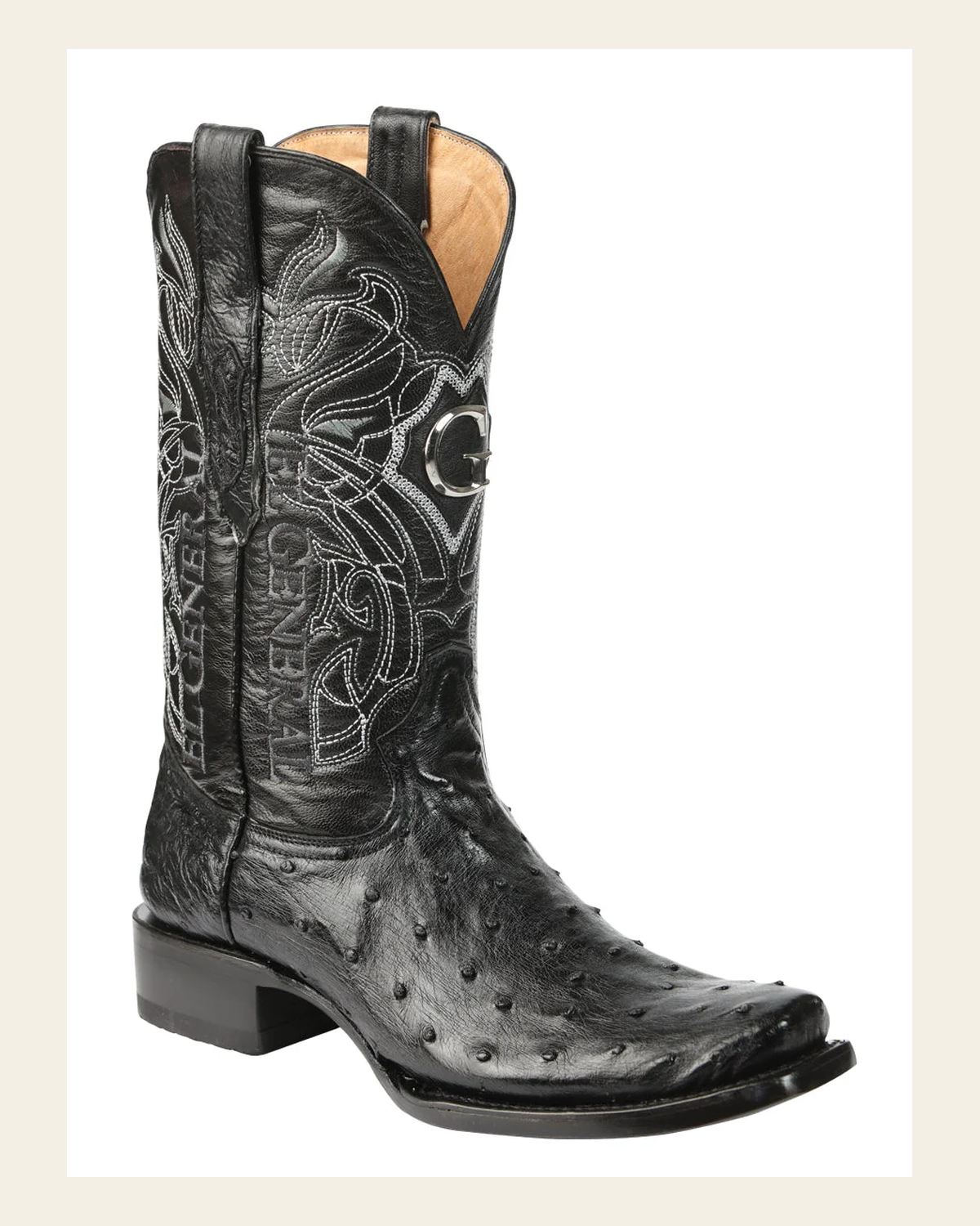 El General Men's Exotic Ostrich Leather Cowboy Boots - Black 45515 on a warm cream background