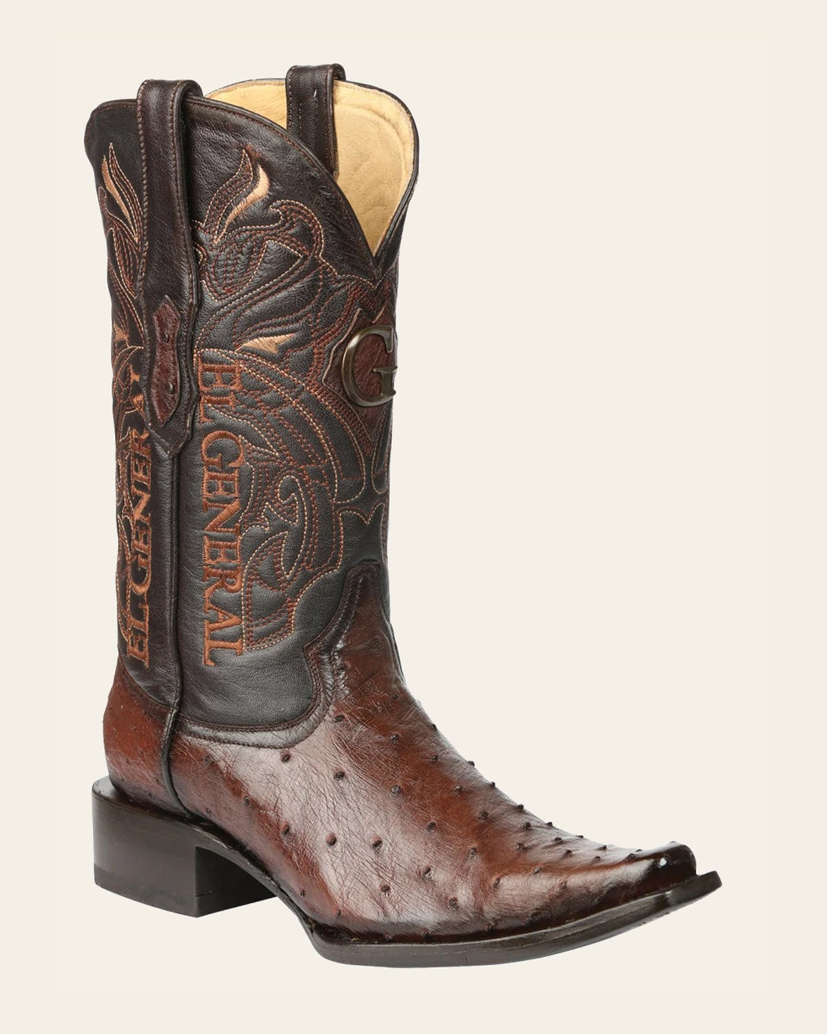 El General Men's Exotic Ostrich Leather Cowboy Boots - Brown 45076 on a warm cream background