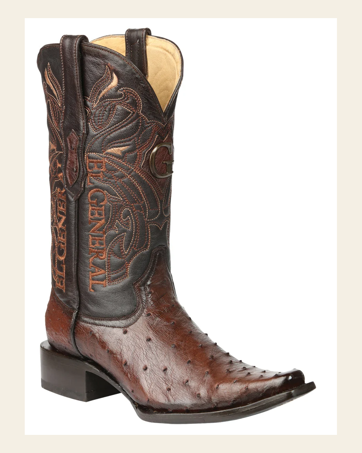 El General Men's Exotic Ostrich Leather Cowboy Boots - Brown 45076 on a warm cream background