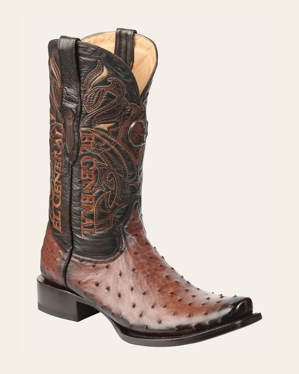El General Men's Exotic Ostrich Leather Cowboy Boots - Brown 45516 on a warm cream background