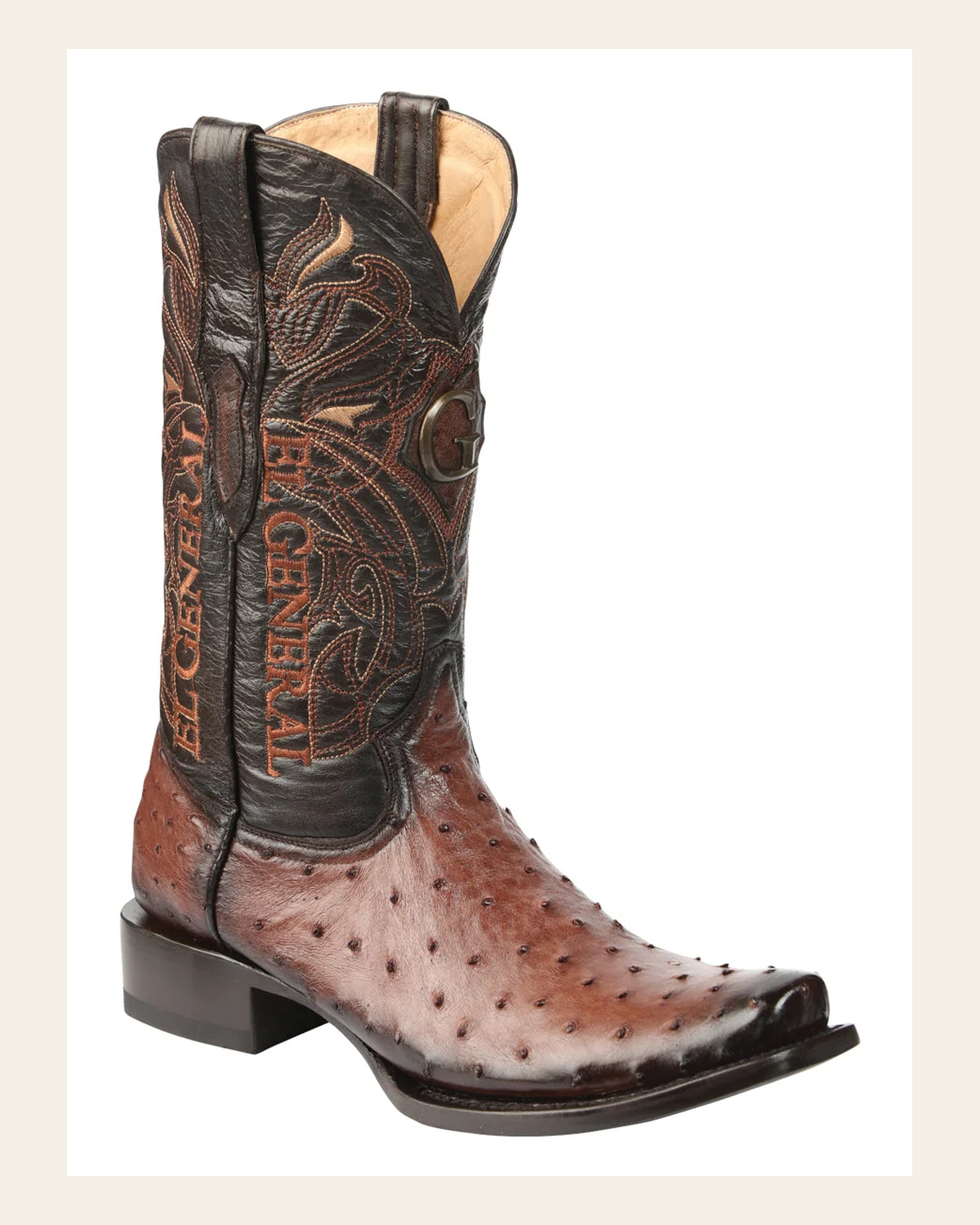 El General Men's Exotic Ostrich Leather Cowboy Boots - Brown 45516 on a warm cream background