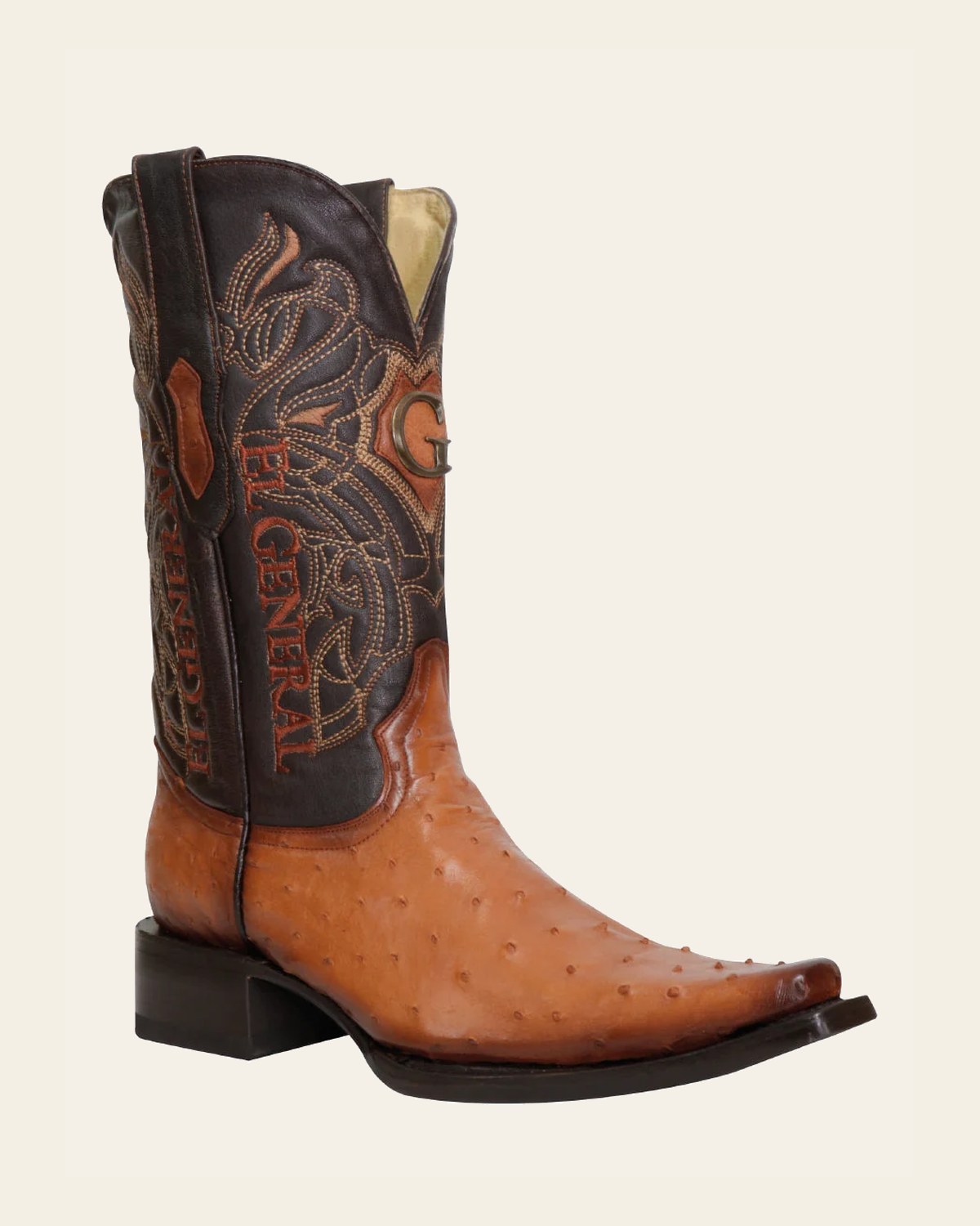 El General Men's Exotic Ostrich Leather Cowboy Boots - Cognac 45077 on a warm cream background