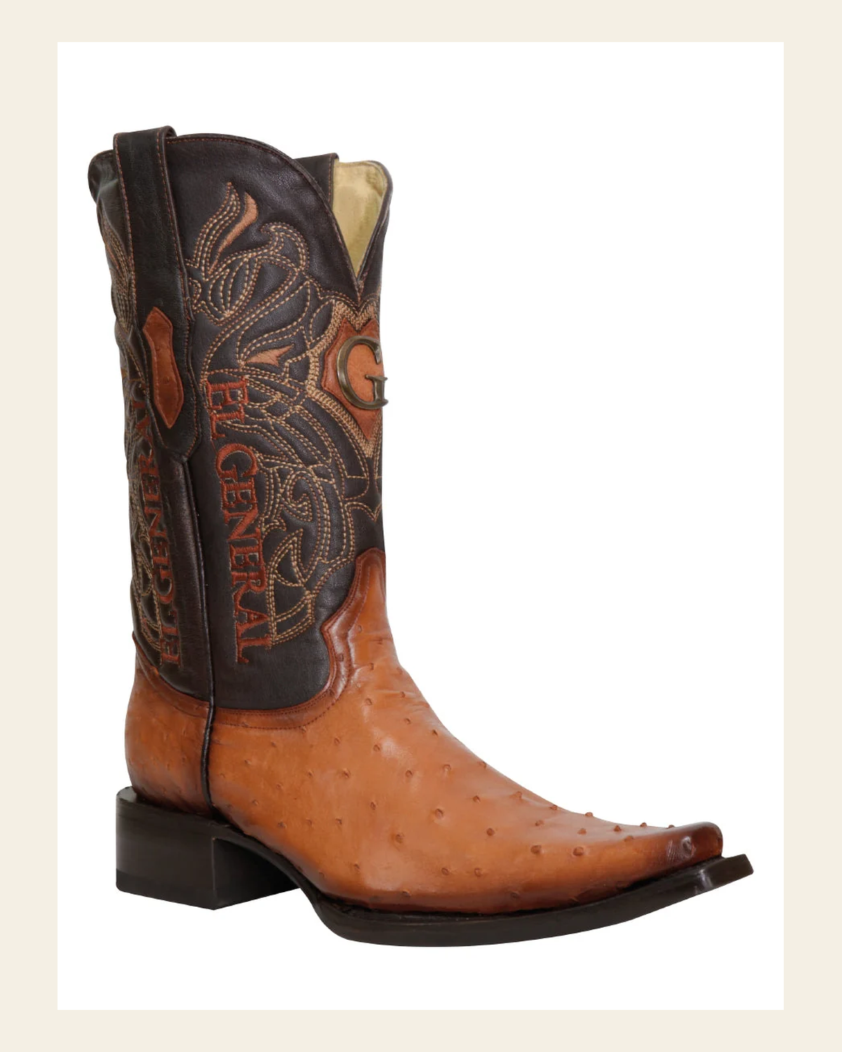 El General Men's Exotic Ostrich Leather Cowboy Boots - Cognac 45077 on a warm cream background