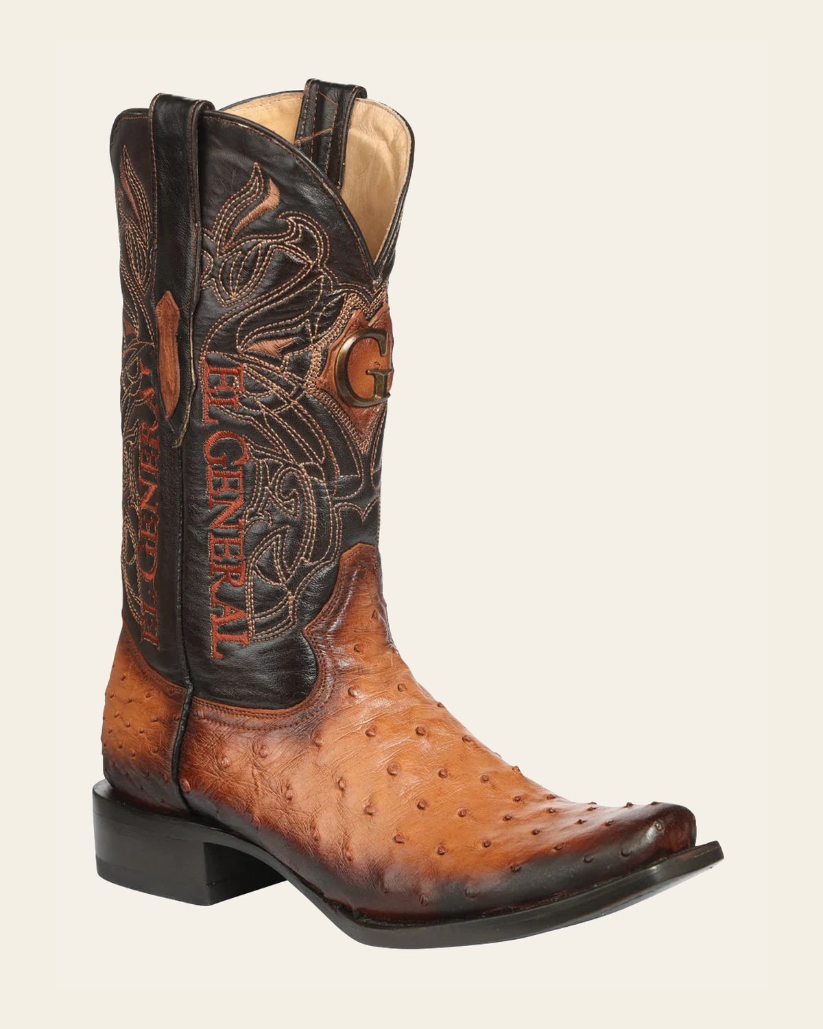 El General Men's Exotic Ostrich Leather Cowboy Boots - Cognac 45517 on a warm cream background