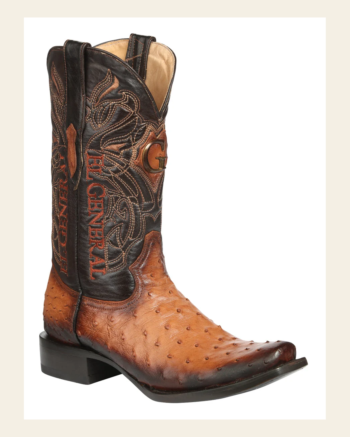 El General Men's Exotic Ostrich Leather Cowboy Boots - Cognac 45517 on a warm cream background